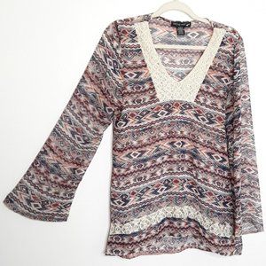 Living Doll Lightweight Aztec Boho Southwestern Print Blouse EUC sz L